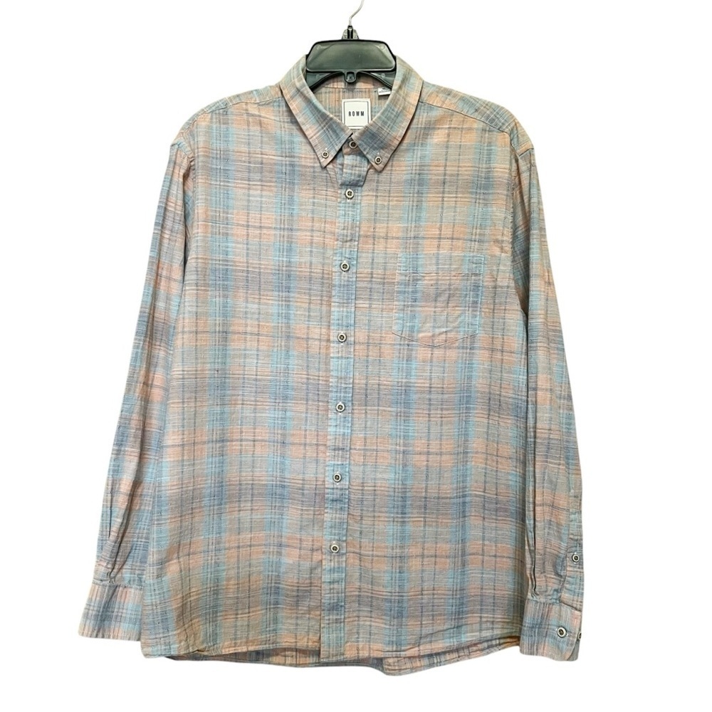 ROWM Men’s Long Sleeve Blue Peach Plaid Button Down Casual Preppy Classic Sz XL